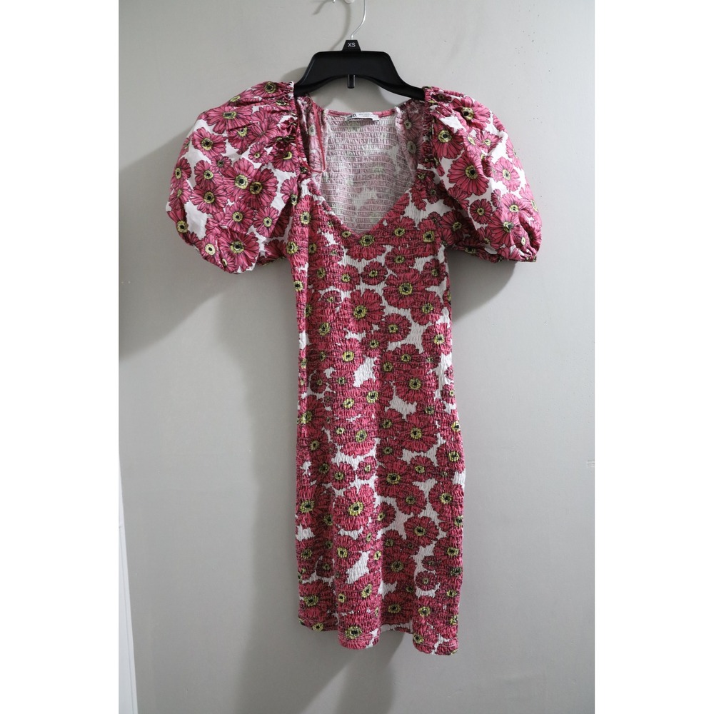 Zara Floral Print Puff Sleeve Smocked Mini Dress Pink Flowers S